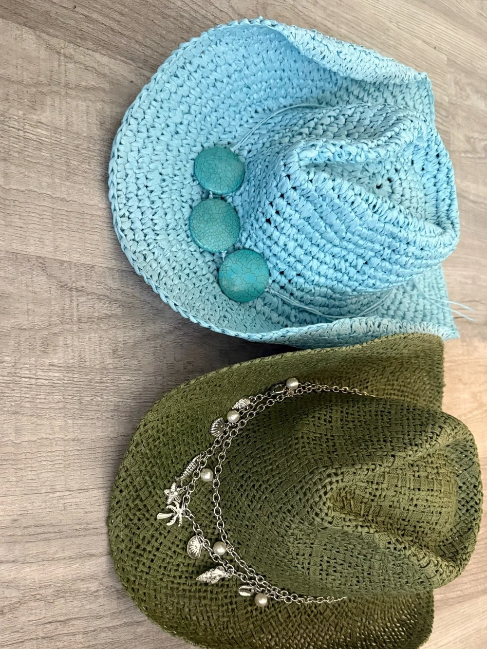 BUNDLE - two straw cowboy hats turquoise and olive green
